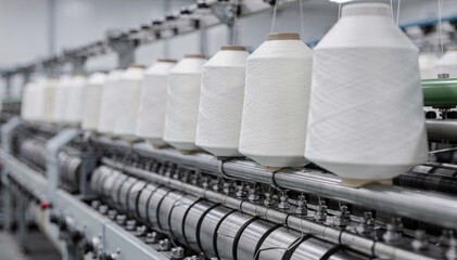 Medium shot showcasing combed fiber spinning machines highlighting the smooth yarn being wound into precise cones with a polished texture ideal for fine textiles.