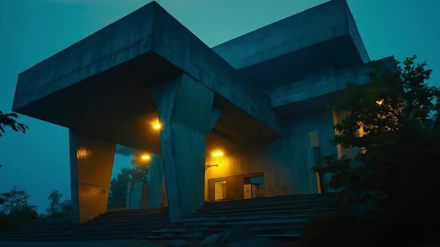 A concrete building lit up at night in the fog