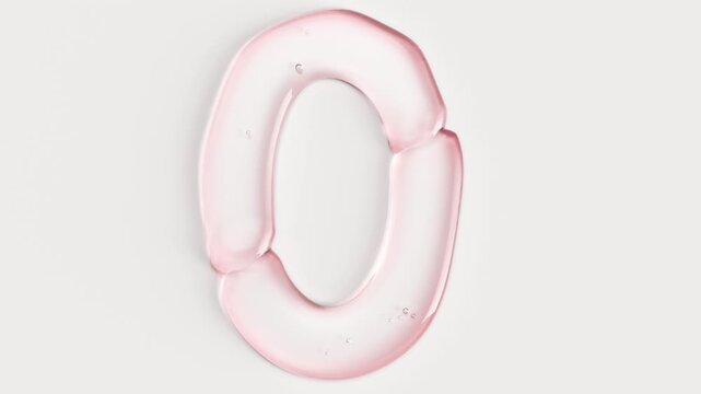 Pink cosmetic liquid drop transforming into number zero on white background. Animation of viscous serum or hair gel flowing into digit shape. Abstract countdown, null digit symbol.
