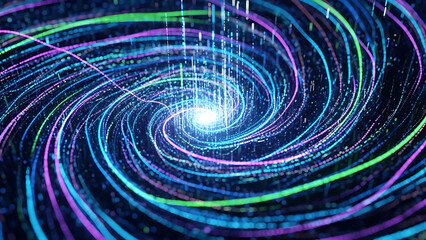 A vibrant digital illustration of swirling neon lights in a mesmerizing spiral pattern