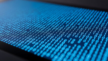 A close-up view of a computer screen displaying a vast array of binary code in blue and white.