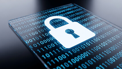 A white padlock icon on a background of blue binary code on a digital screen