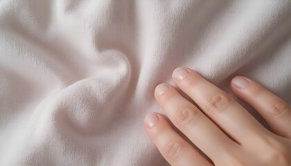 Close-up of the soft fabric texture, fingertips lightly touching the cloth, simple aesthetic