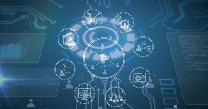 Animation of tech icons and motherboard on blue digital screen
