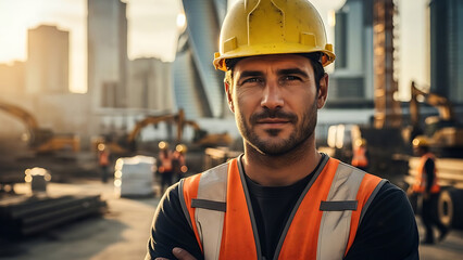 A construction worker wearing a yellow hard hat and orange safety vest stands confidently on a bustling city building site