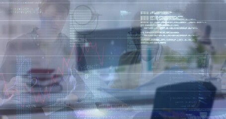 Animation of programming data with graphs over multiracial coworkers discussing in meeting at office - Powered by Adobe