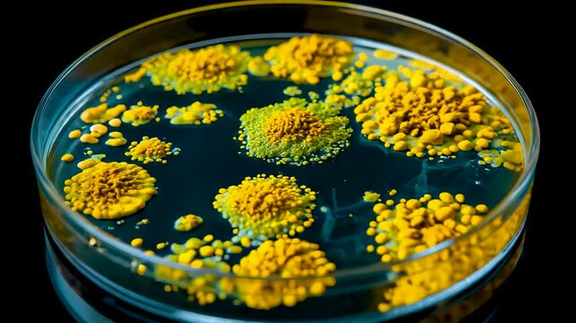 Petri dish with colorful bacterial colonies growing on agar surface under laboratory lighting showing active microbiology research and culture growth