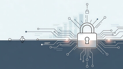 A digital illustration of a padlock surrounded by circuit board lines and a cityscape in the background.