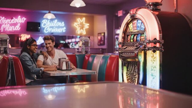Couple in Retro Diner Booth with Vintage Jukebox, Neon Signs, 1950s Nostalgia