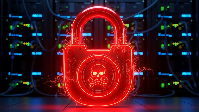 A glowing red padlock with a skull and crossbones symbolizes cybersecurity threats in a server room - Powered by Adobe