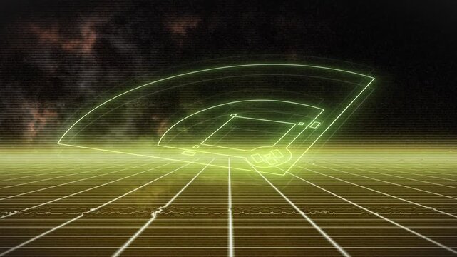 Animation of grid and smoke over neon baseball pitch