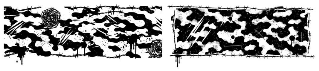 Grunge military camouflage borders with barbed wire and chaotic ink scribbles © Anna