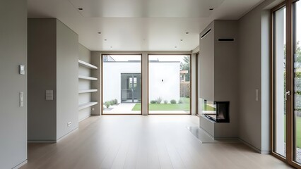 Modern Empty Living Room with Fireplace and Garden View