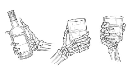 A skeleton's hand holding glass of drink, black and white sketch. Vector illustration. Dead man's bony fingers hold bottle, isolated on white background. Suitable for various occasions, for printing 