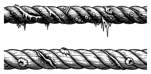 Horizontal twisted rope borders with marine slime and barnacle details © Anna