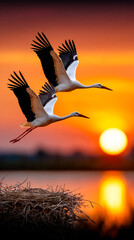 Fototapeta premium Two cranes flying at sunset by the water. Two cranes are flying above a nest at sunset near a water body.