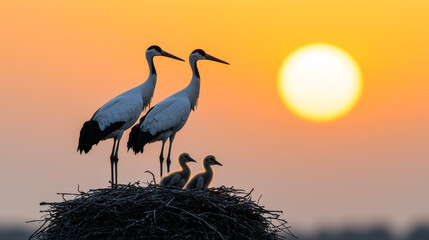 Storks by nest at sunset. Two storks are on a nest with young chicks below. The sun sets in the background, creating a warm glow.