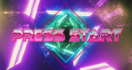 Animation of press start text banner over neon green and pink glowing tunnel in seamless pattern - Powered by Adobe