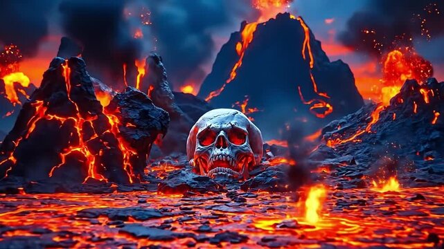 A skull in the middle of a lava field with red flames