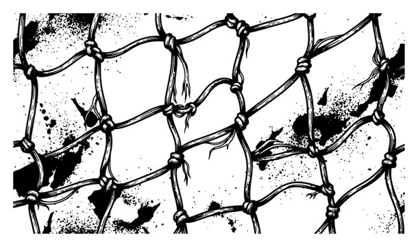 Old knotted fishing net texture with grunge splatters in sketch style