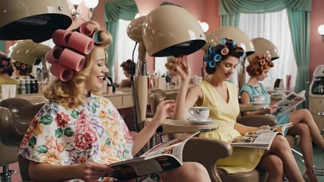 Retro Women in Hair Rollers at Vintage Salon, Pampering  Beauty