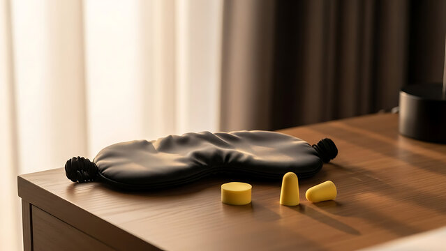Black eye mask and yellow earplugs on a wooden table for sleep or relaxation in a quiet environment with soft lighting with rest and calm and serenity - Powered by Adobe