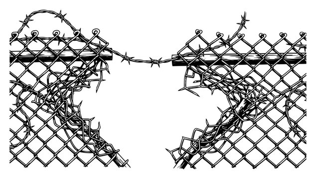 Broken chain link fence with a large hole and barbed wire