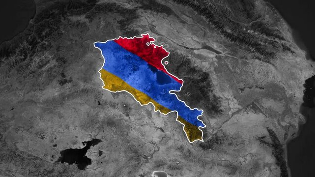 Armenia highlighted on a geographical map with surrounding regions in grayscale