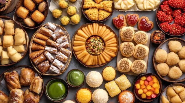 Variety of traditional sweets displayed artfully on a table during a festive celebration in a warm indoor setting