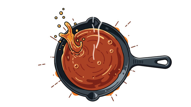 Dynamic culinary illustration of a sizzling pan with rich, bubbling sauce and vibrant splash