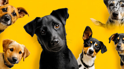 Dogs posing on a yellow background. Six dogs of different breeds gather together on a bright yellow background, looking at the viewer with interest.