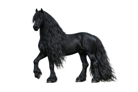 Black friesian horse with a long, wild mane and tail moving gracefully. Power and equine beauty on a transparent background