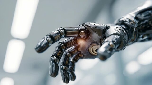 Close up of a futuristic robotic hand with metallic fingers reaching forward in a high tech environment. Advanced artificial intelligence and robotics technology concept