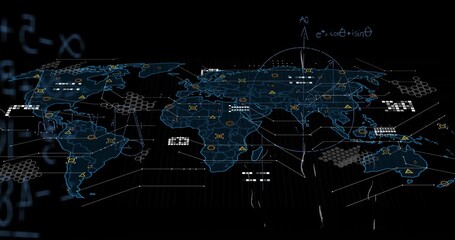 Animation of mathematical equations against data processing over world map on black background - Powered by Adobe