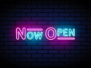Fototapeta premium Vibrant neon 'now open' sign glowing against a dark brick wall backdrop