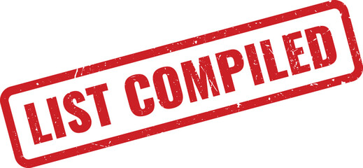 Red distressed List Compiled stamp for document review and project status tracking