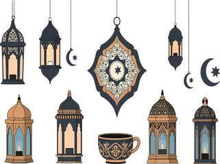 Obraz premium Intricate Islamic design with lanterns, crescents, stars, cup, medallion and festive motifs