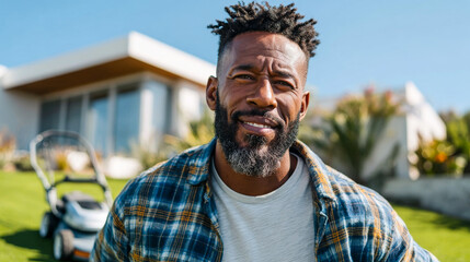 Fototapeta premium Man in yard with mower. A man smiles while standing in his yard on a sunny day. A lawn mower sits in the background, surrounded by grass.