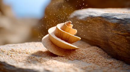 Wooden spiral sits on sand in sunlight. A small wooden spiral rests on a sandy surface, with light shining on it and particles of sand floating around.