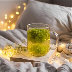 Relaxing bedtime tea scene with lettuce tea, soft lighting, calm night mood, lifestyle photography