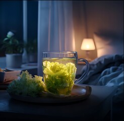 Relaxing bedtime tea scene with lettuce tea, soft lighting, calm night mood, lifestyle photography