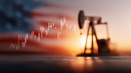 As the sun sets, a silhouetted oil pumpjack in the U.S. highlights rising stock market trends, symbolizing economic activity and energy production