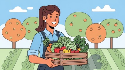 Woman Farm Garden Fresh Vegetables Basket Harvest Organic Produce Market Scene Stock Illustration.jpg
