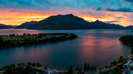 Sunset Over Lake Wakatipu with Mountains and Reflections, Queenstown, New Zealand