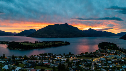 Sunset Over Lake Wakatipu with Mountains and Reflections, Queenstown, New Zealand
