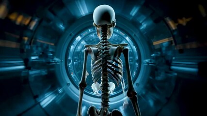 Human skeletal anatomy displayed inside advanced medical scanning chamber with glowing blue technology highlighting healthcare research and diagnostics - Powered by Adobe