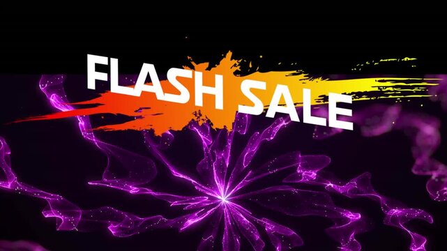 Animation of flash sale text over orange color splash, lines in circle and abstract pattern