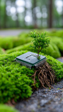 Chip thrives in green trees. A computer chip sits in green moss, with a small tree growing from it. Nature interacts with technology in unique way.