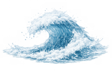 Blue ocean wave forming and crashing with white foam and spray, showing strength and movement on transparent background