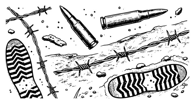 Military grunge background with boot prints barbed wire and bullet casings